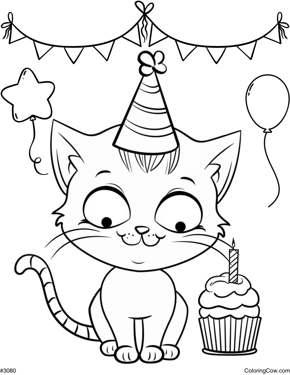 Birthday Cat Coloring Page