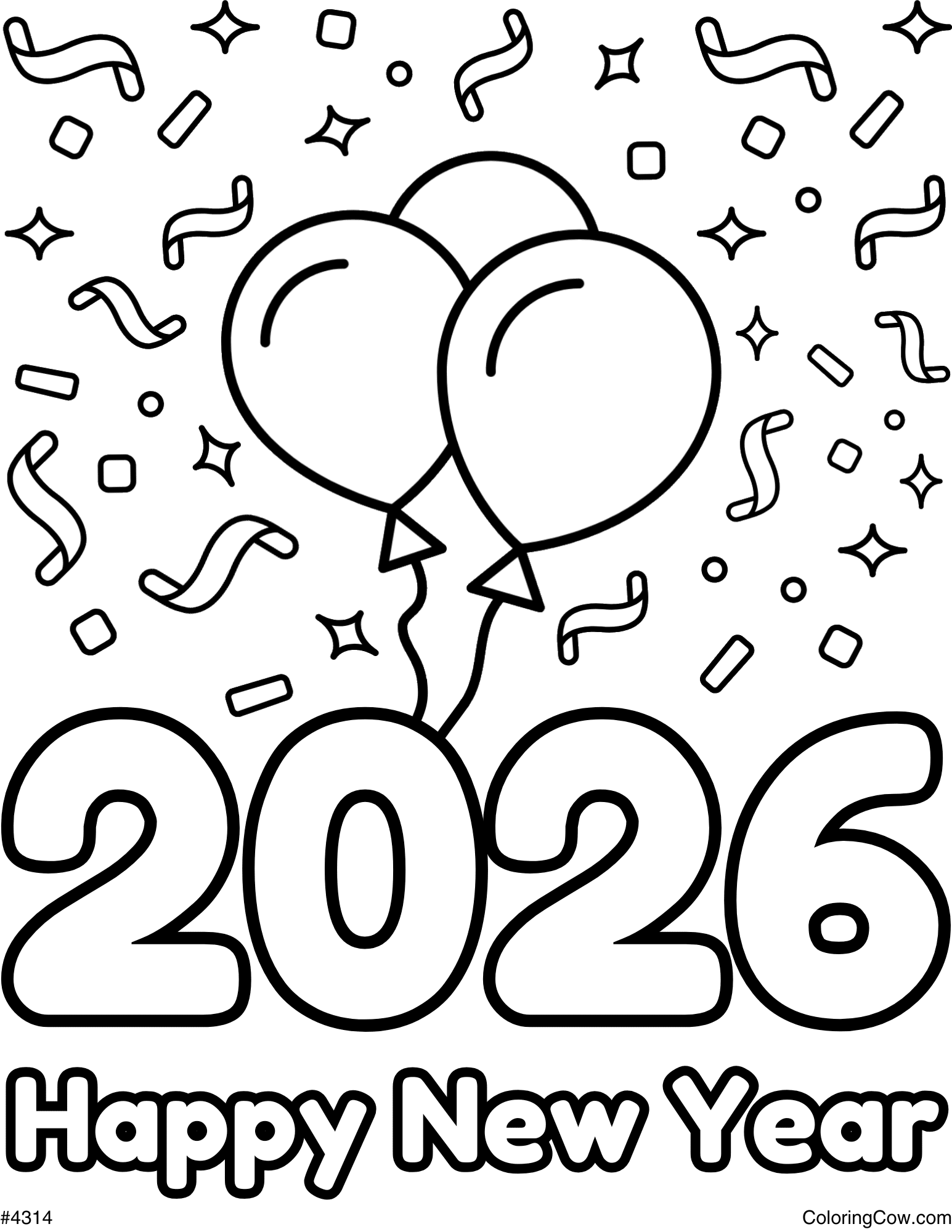 Printable Happy New Year 2026 Coloring Page