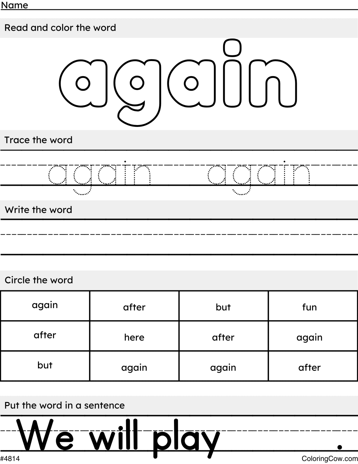 Use Again Coloring Sight Words Coloring Worksheets - Coloring Cow
