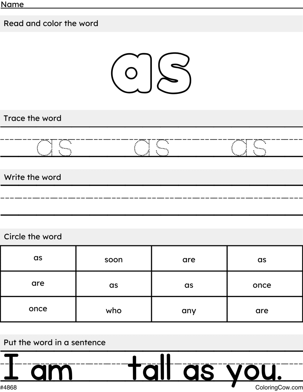 Sight words coloring worksheets coloring cow
