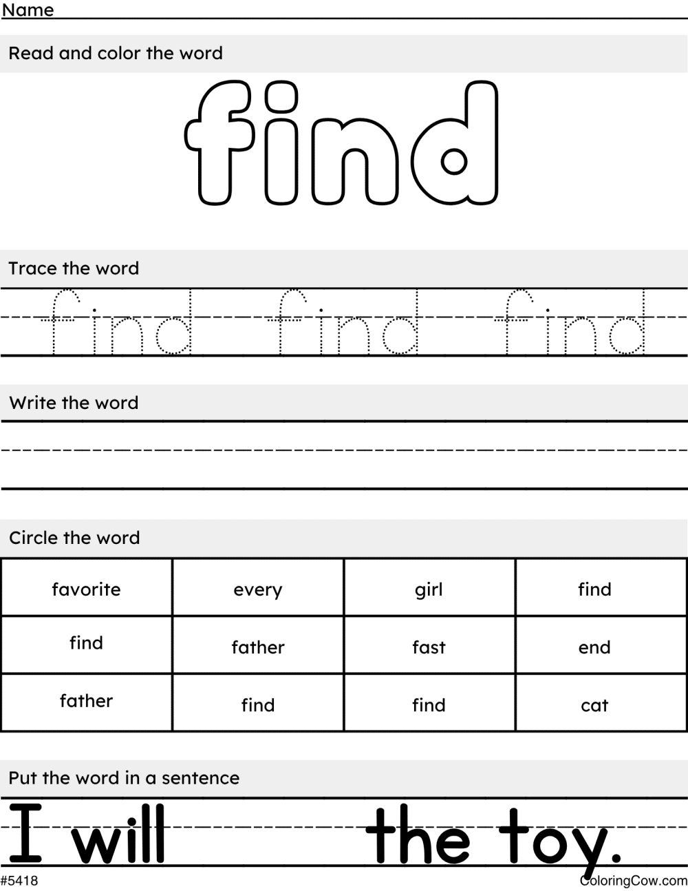 Find - Sight Word Worksheet