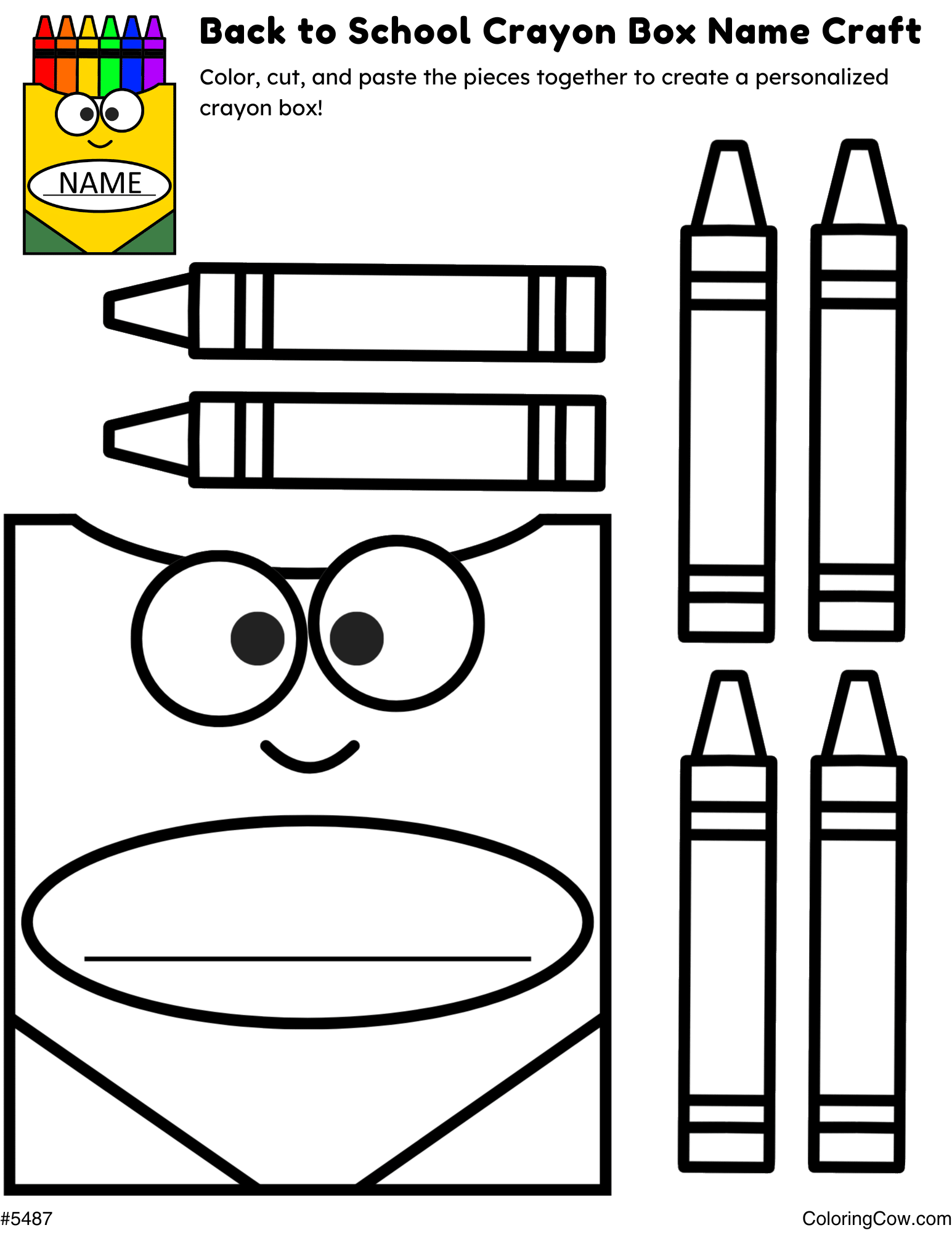 Printable Back to School Crayon Box Name Craft and Coloring Page
