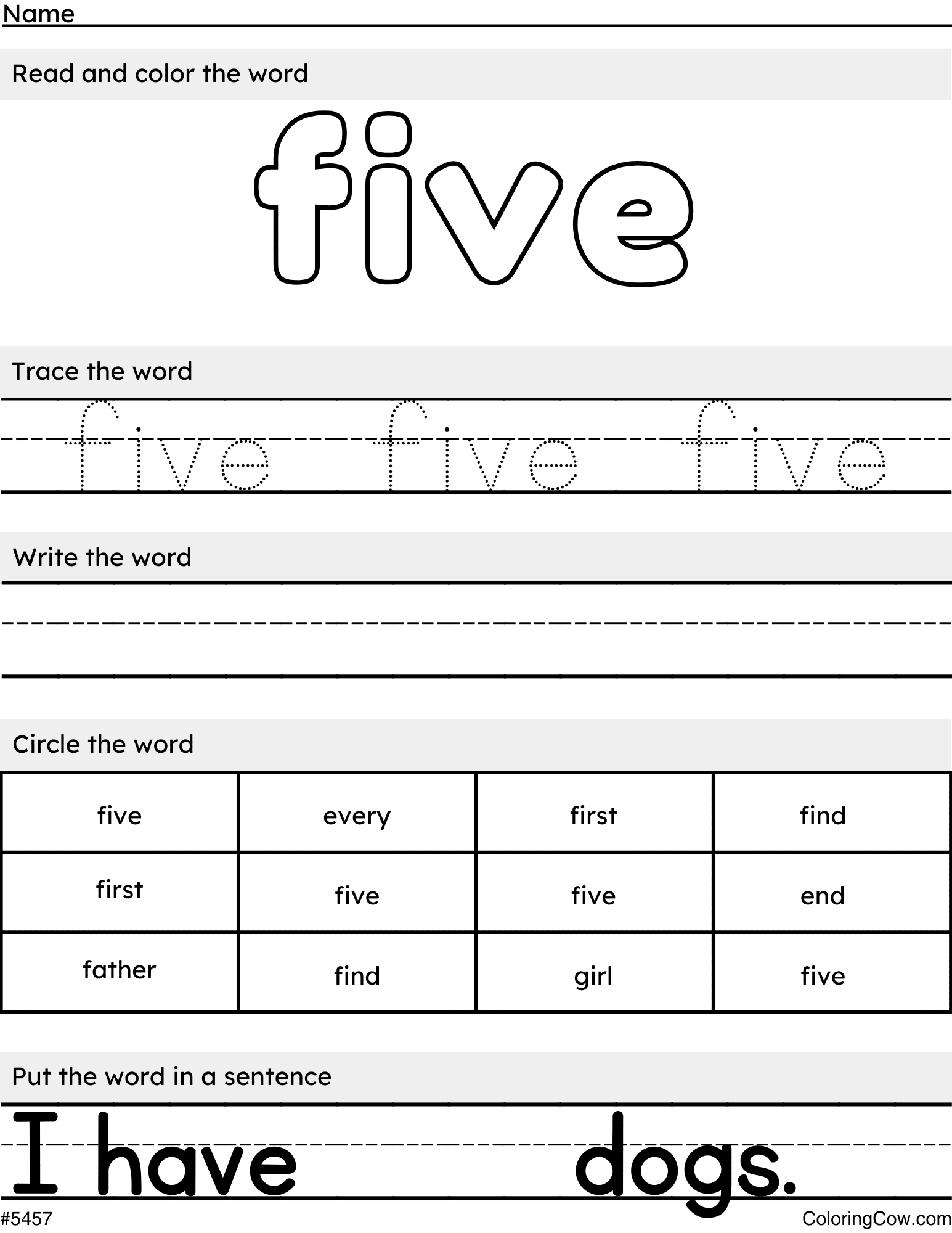 Printable Five Sight Word Coloring Page