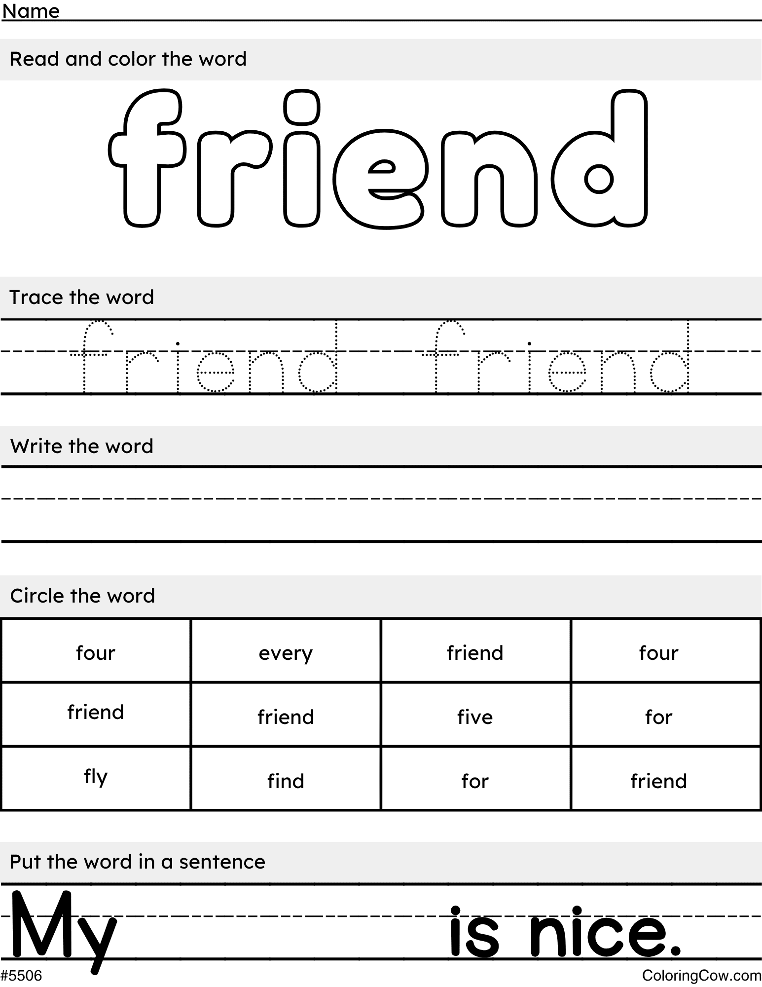 Printable Friend Sight Word Coloring Page