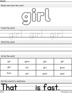 New Girl – Sight Word Worksheet