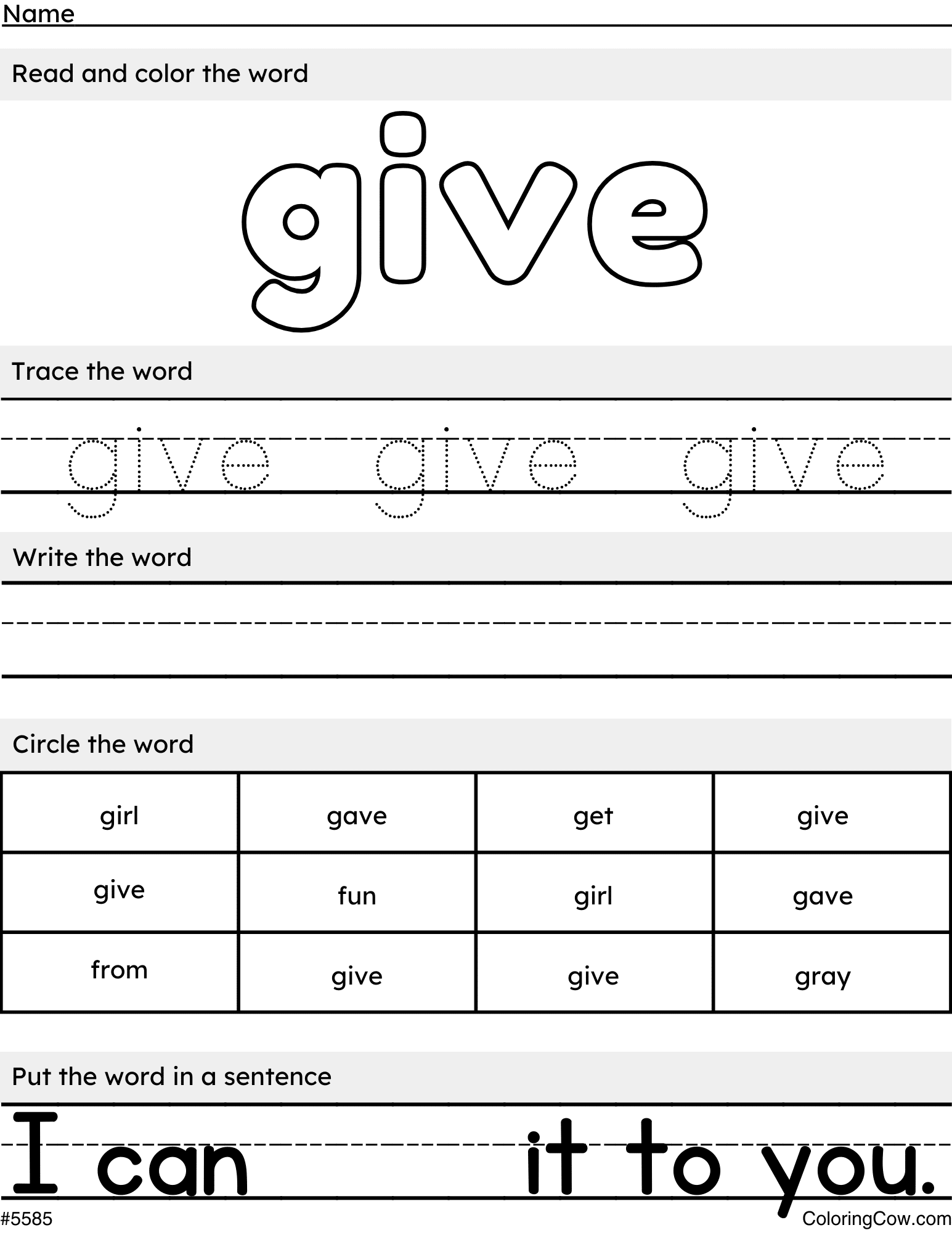 Printable Give Sight Word Coloring Page