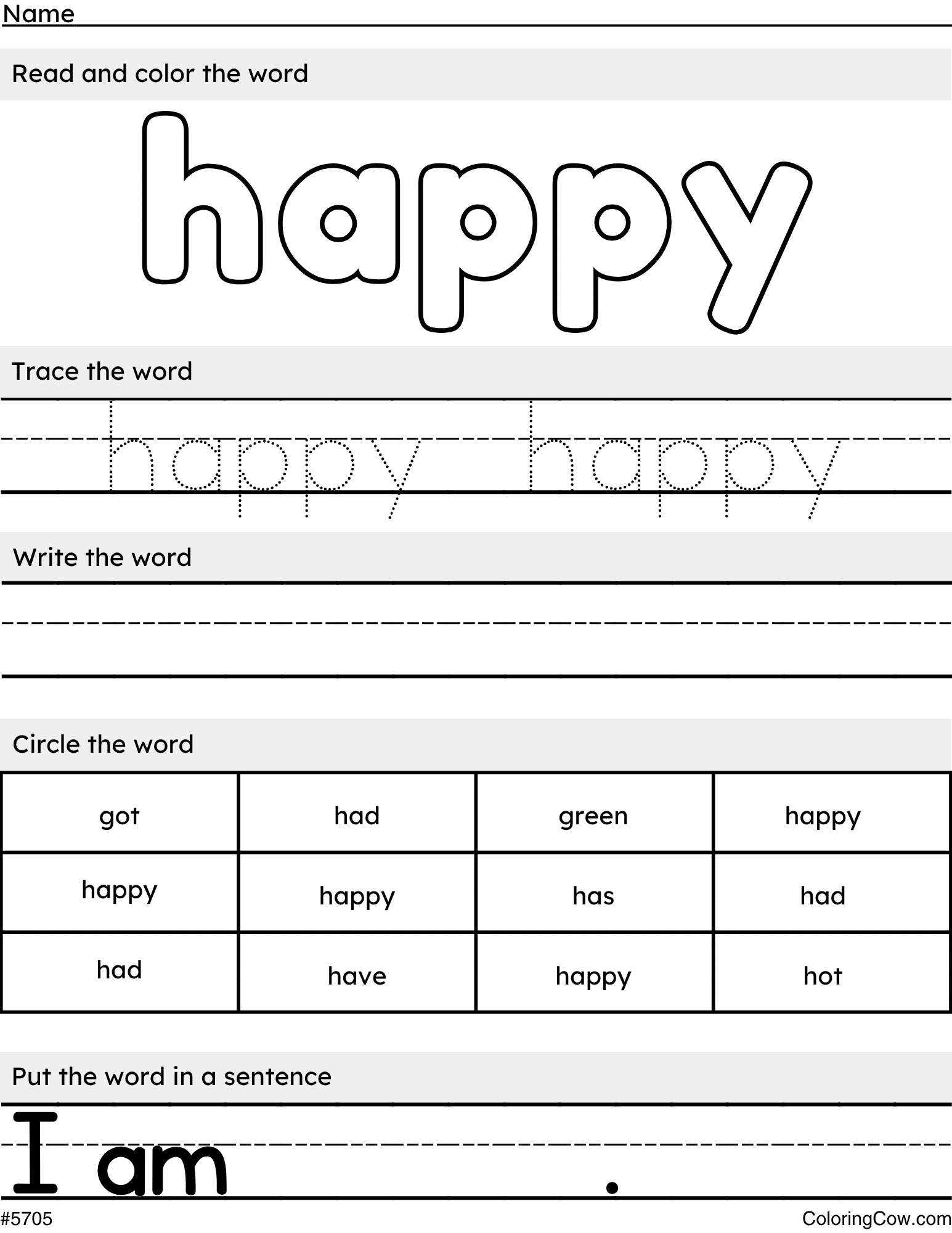 Printable Happy Sight Word Coloring Page