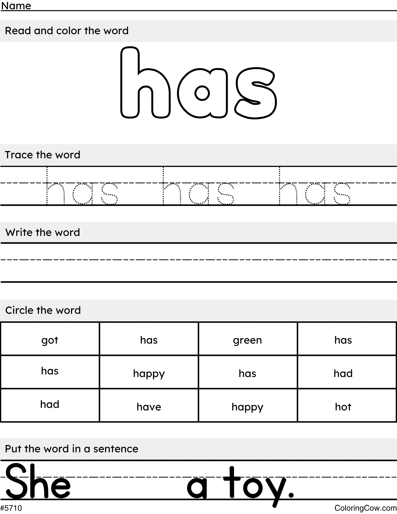 Printable Has Sight Word Coloring Page