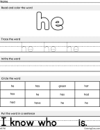 New He – Sight Word Worksheet