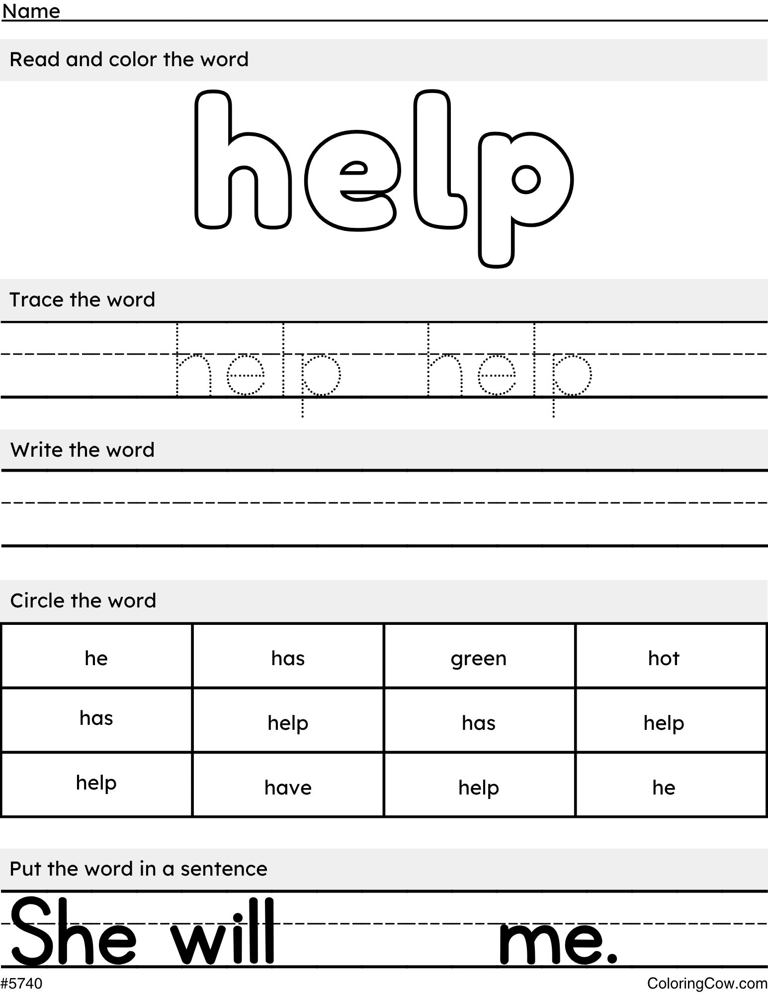 Printable Help Sight Word Coloring Page