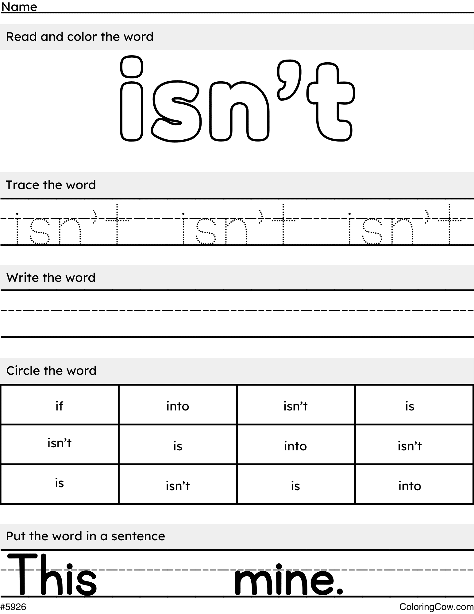 Printable Isn't Sight Word Worksheet And Coloring Page