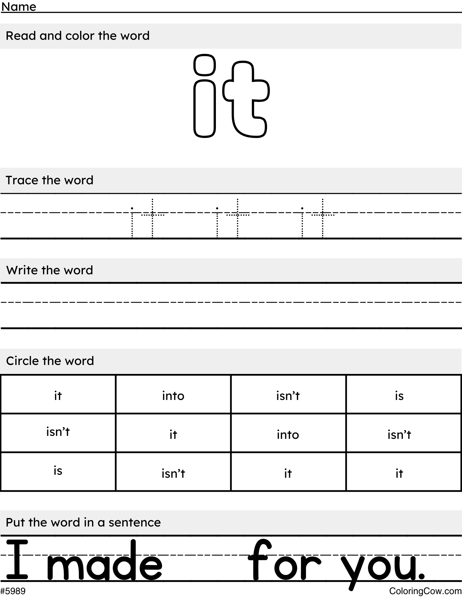 Printable It Sight Word Worksheet And Coloring Page