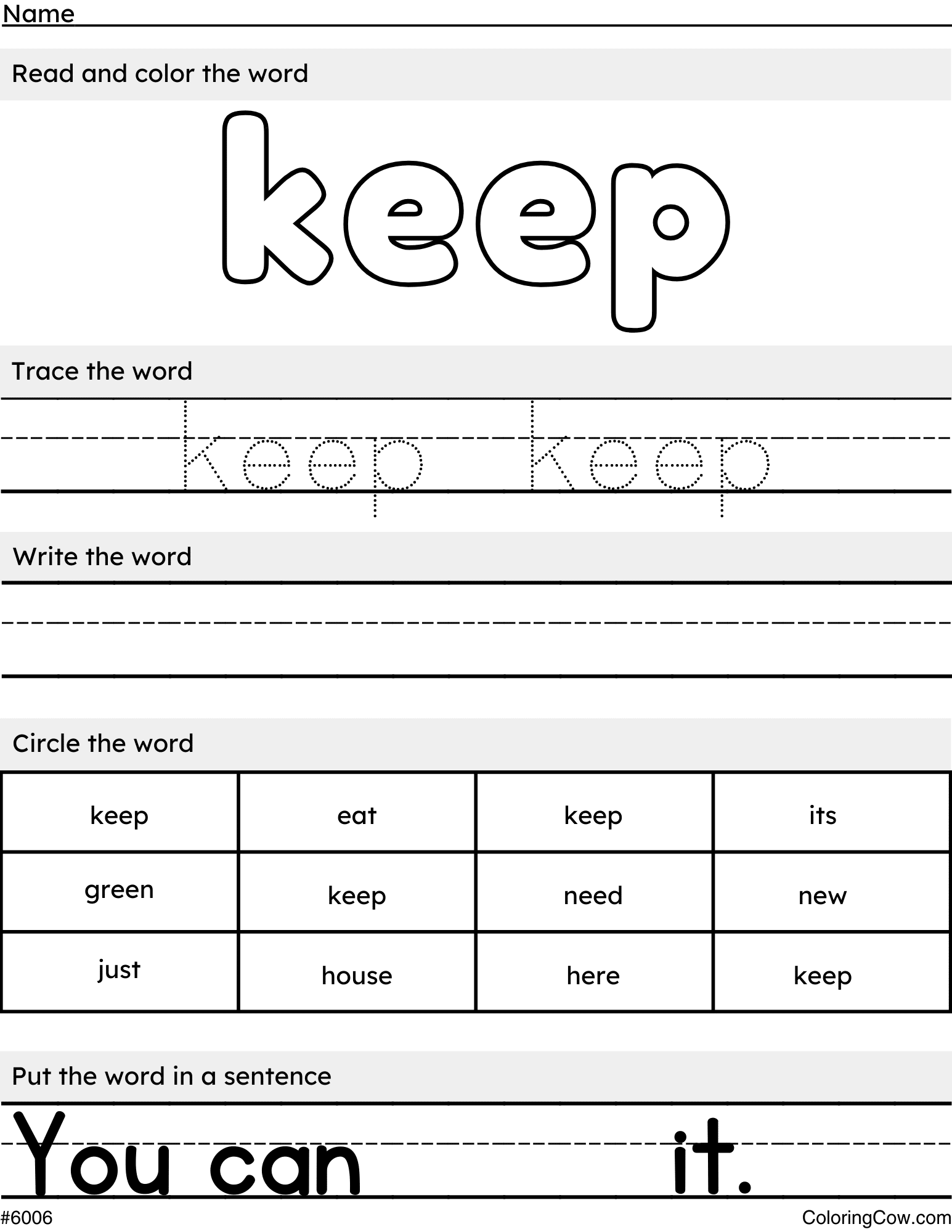 Printable Keep Sight Word Worksheet And Coloring Page