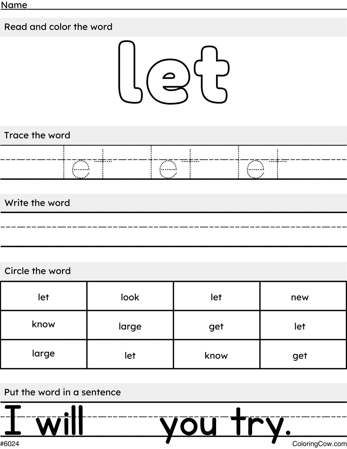 Let - Sight Word Worksheet