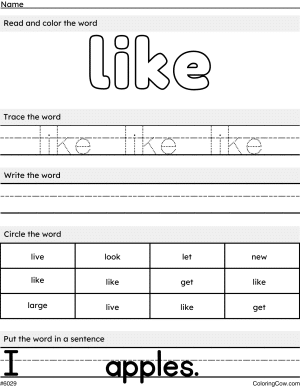 Like Sight Word Worksheet And Coloring Page