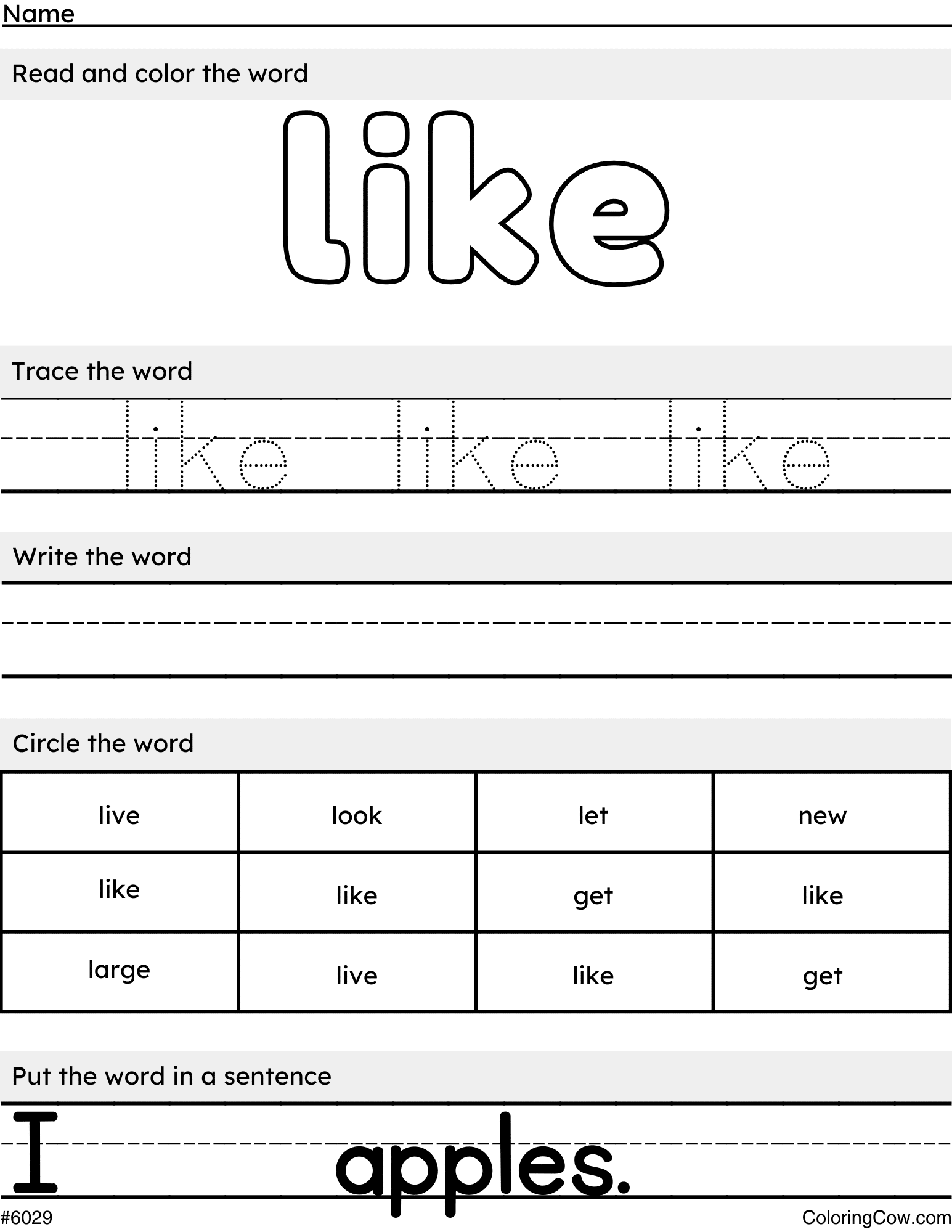 Printable Like Sight Word Worksheet And Coloring Page