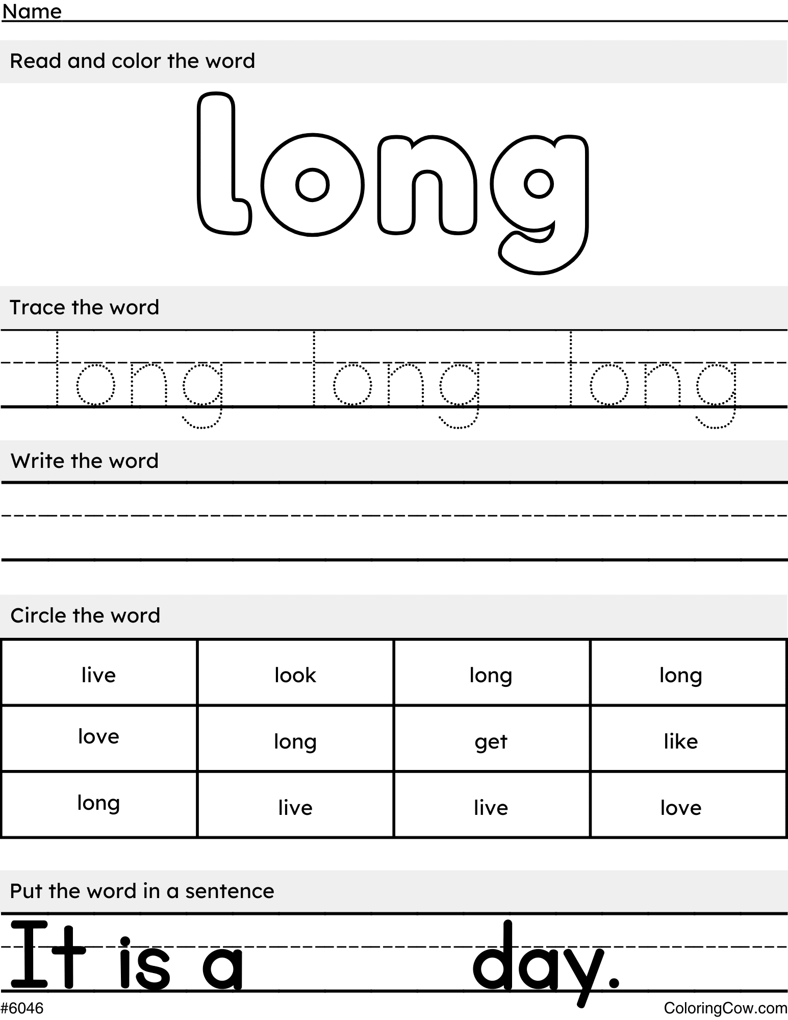 Printable Long Sight Word Worksheet And Coloring Page
